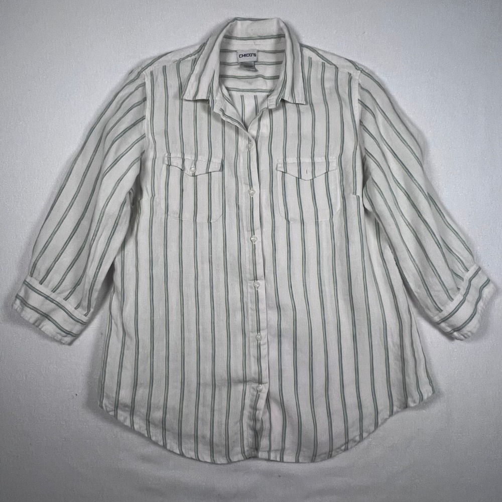 Chico's Linen Button Down Shirt Striped 3/4 Sleeve Relaxed Fit Size 2